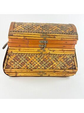 Vintage Bamboo/Rattan Wooden Treasure Chest with Latch Closure and Handles